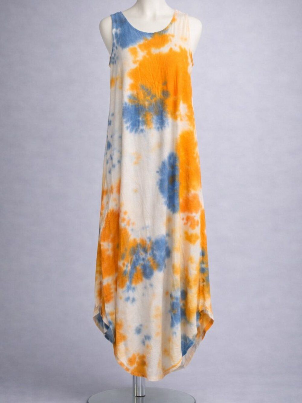 Tie‑Dye Curved Hem Maxi Dress – Orange + Blue Splash